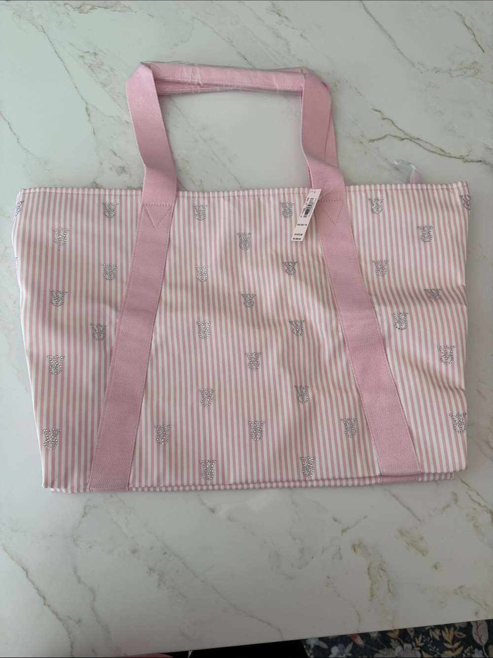 Victoria’s Secret Pink and White Striped Rhinestone Tote Bag